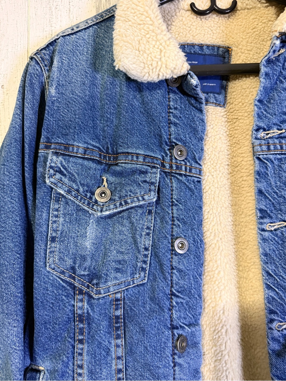 Zara Man Denim Sherpa Trucker Jacket Blue Medium Sherpa Lined Winter Coat - Picture 2 of 8